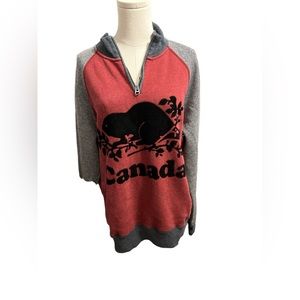 Roots Red & Black Crewneck w Kangaroo Pocket & 3 Quarter Zip Up Size M